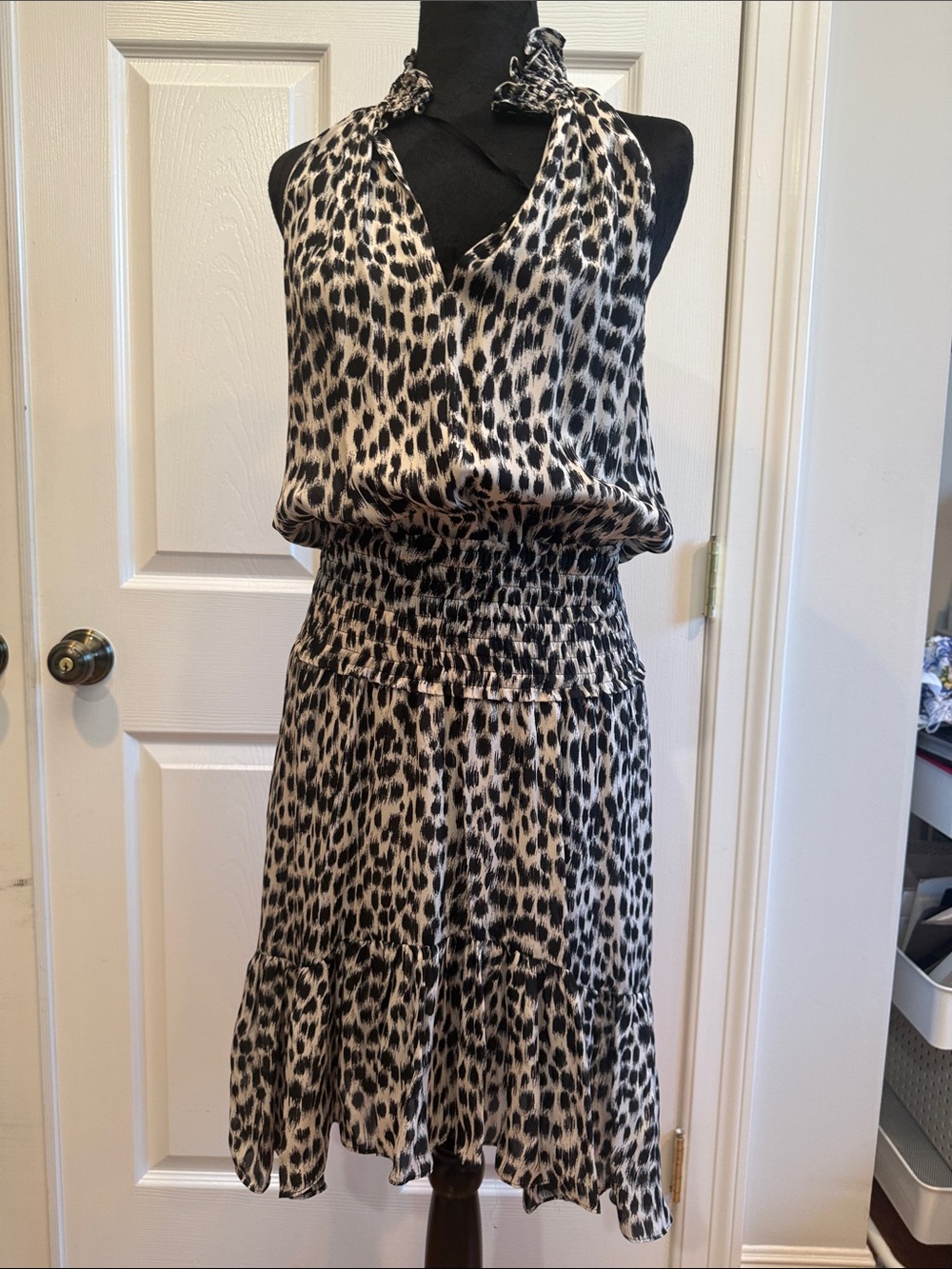 A.L.C. Leopard Print Halter Midi Dress in Black & Cream